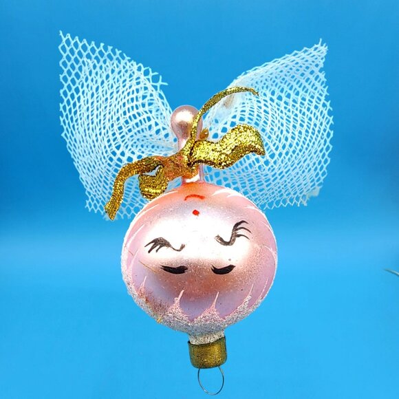 Vintage Pink Glass Angel Ornament • 1960s Japan • White Frosted Hair • Sleepy Ey - Picture 4 of 9